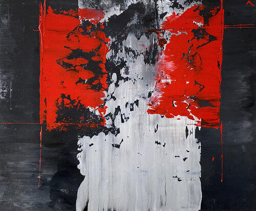 O.T. - Rot & Schwarz  - Originalbild  Mischtechnik  Acryl, Pigmente auf Papier mit Passepartout 50 x 60 cm de Rudi Eckerle, Pintura a la venta en Singulart