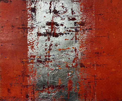 O.T. - Rot  & Blattsilber Serie 2 Bild 1  - Originalbild mit Passepartout 50 x 60 cm. -   Mischtechnik  Acryl, Pigmente, Blattsilber  auf Papier. Rudi Eckerle