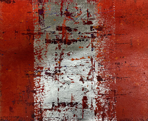 O.T. - Rot  & Blattsilber / Serie 2 / Bild 2  - Originalbild  Acryl / Blattsilber  auf Papier mit Passepartout 50 x 60 cm von Rudi Eckerle, Malerei kaufen auf Singulart