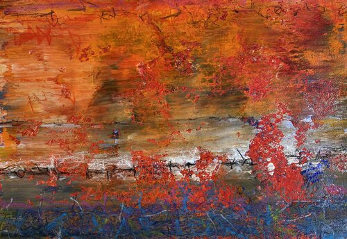 O.T. - Orange / Rot  -  Originalbild  Mischtechnik  Acryl, Pigmente auf Papier mit Passepartout 50 x 60 cm van Rudi Eckerle, Schilderij te koop op Singulart