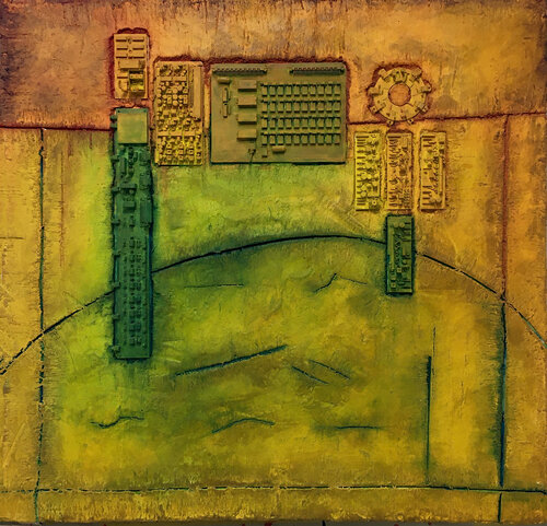 OT. Original Gemälde " Verbindungen 12 " -  Mischtechnik auf Holz di Rudi Eckerle, Pittura in vendita su Singulart