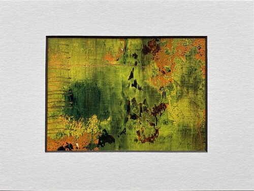 O.T.  Strukturbild Grün Gelb  - Originalbild  Mischtechnik  Acryl, Pigmente auf Papier 11 x 15 cm  - mit Passepartout  Größe 27 x 21 cm Rudi Eckerle