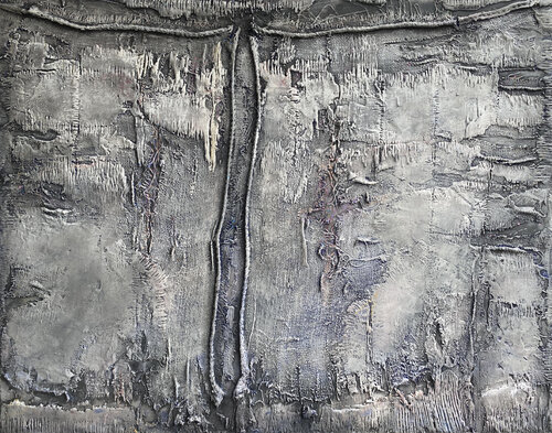 O.T. - Originalbild / Schwarz / Weiß  Lands Cape / Strukturen - Experimentelle Malerei auf Holz von Rudi Eckerle, Malerei kaufen auf Singulart