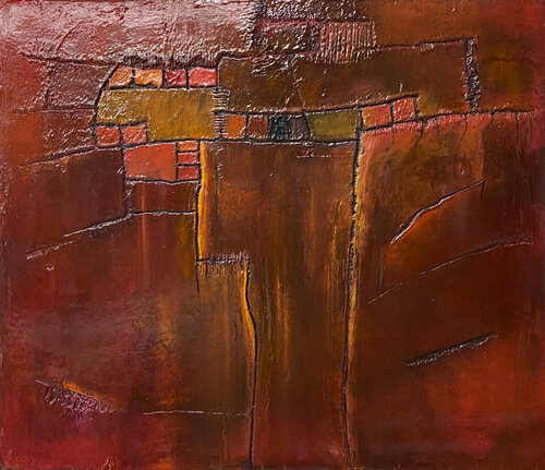 O.T. Rot - Lands Cape Art / Strukturen - Experimentelle Malerei auf Holz von Rudi Eckerle, Malerei kaufen auf Singulart