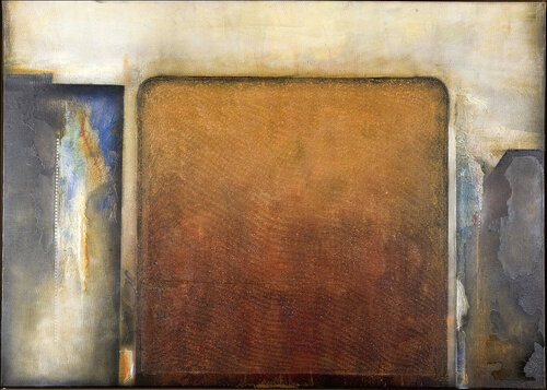 O.T. - Braun Blau Beige  /  Farbfeld Strukturen  - mit Schattenfugenrahmen Holz hell. von Rudi Eckerle, Malerei kaufen auf Singulart