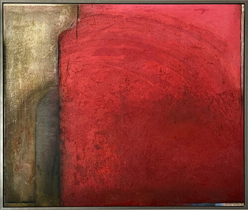 O.T. - Rot Strukturen / Originalbild, Experimentelle Malerei / mit Schattenfugenrahmen Silber Grau van Rudi Eckerle, Schilderij te koop op Singulart