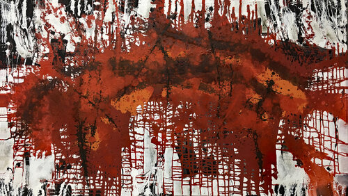 O.T. - Universum Rot / Mixed Media auf Leinwand - Preisgekrönt van Rudi Eckerle, Schilderij te koop op Singulart