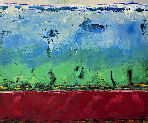 O.T. -  Blau - Grün - Rot - Farbfeldmalerei / Lands Cape Strukturen  /  Originalbild Mixed Media auf Leinwand van Rudi Eckerle, Schilderij te koop op Singulart