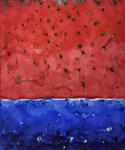 O.T. - Rot / Blau Farbfeldmalerei - Landscape Strukturen  /  Originalbild Mixed Media auf Leinwand van Rudi Eckerle, Schilderij te koop op Singulart