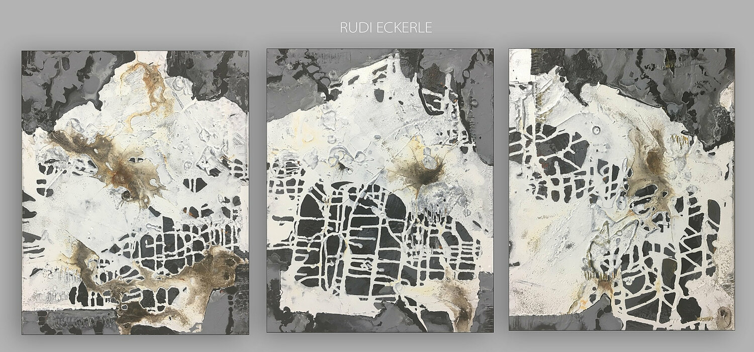 O.T. - Weiß / Grau Strukturen, Originalbilder 3-teilig Mischtechnik auf Leinwand. Rudi Eckerle Originalgemälde zu verkaufen