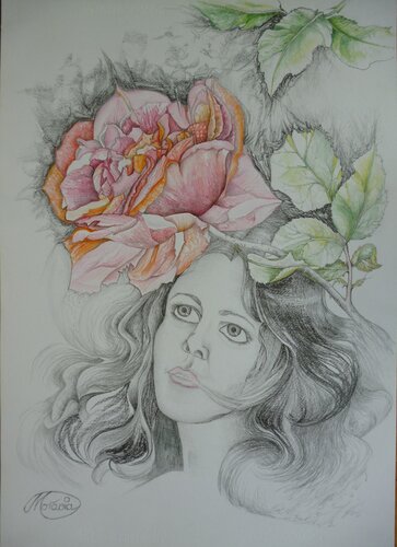 Schönheit von Frau und Blüte - La bella Rosa van Karin Steffek-Moravia, Werk op papier te koop op Singulart