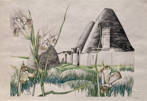 Trulli mit wilder Iris par Karin Steffek-Moravia, Œuvre sur papier en vente sur Singulart