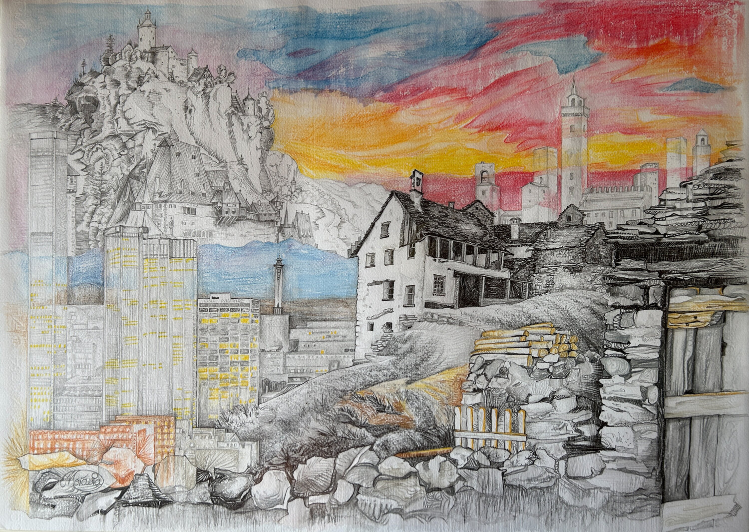 Sonnenuntergang der Zeiten Karin Steffek-Moravia Werk auf Papier zu verkaufen
