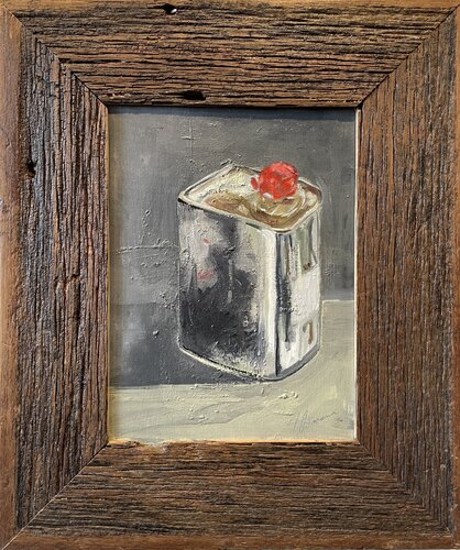 Damar varnish can in custom 100 year old wood frame van Tracy Ostmann Haschke, Schilderij te koop op Singulart