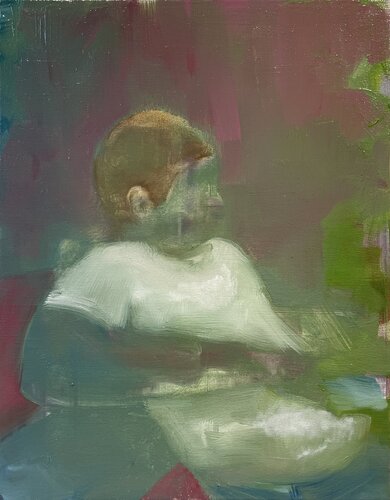 Leaning against a picnic table di Tracy Ostmann Haschke, Pittura in vendita su Singulart