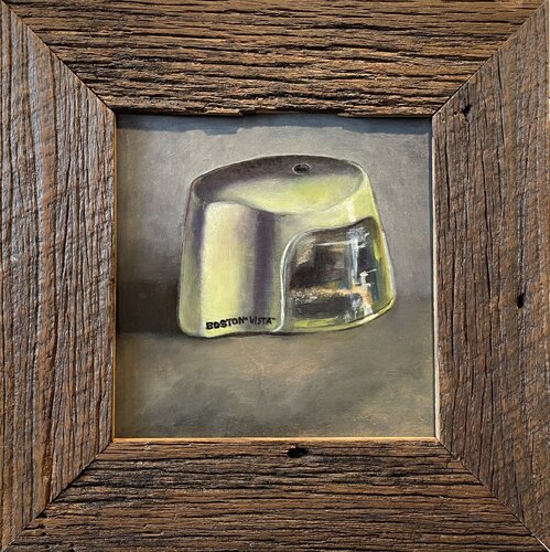 Vintage Boston Vista sharpener in 100 year old barn wood frame von Tracy Ostmann Haschke, Malerei kaufen auf Singulart
