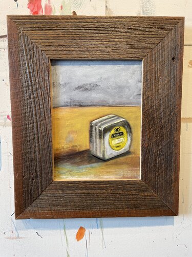 Stanley Tape Measure in 100 year old barn wood frame van Tracy Ostmann Haschke, Schilderij te koop op Singulart