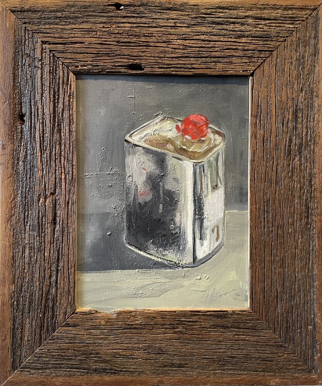 Damar varnish can in custom 100 year old wood frame Tracy Ostmann Haschke