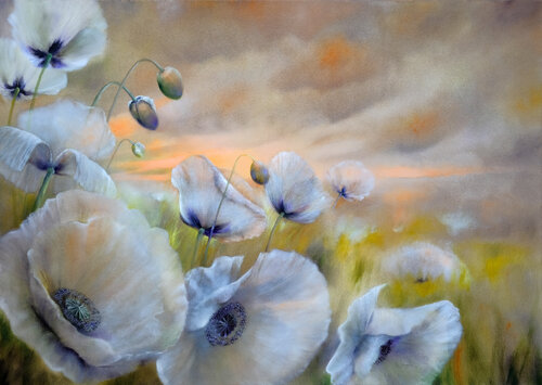 Weißer Mohn im Sommerwind van Annette Schmucker, Schilderij te koop op Singulart
