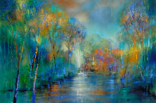 Herbstleuchten am Fluss - Autumn at the river side van Annette Schmucker, Schilderij te koop op Singulart