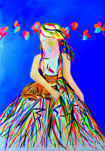 La niña y el gato van Phil Masure, Schilderij te koop op Singulart