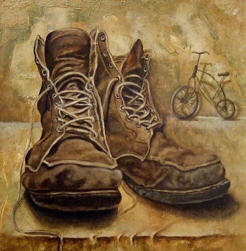 Vergessene Wanderschuhe di Eva Vogt, Pittura in vendita su Singulart