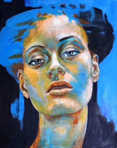 Das Mädchen mit dem blauen Turban de Eva Vogt, Pintura a la venta en Singulart