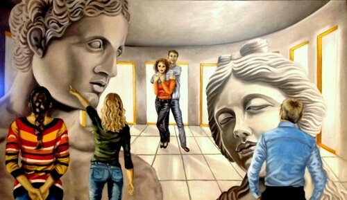 APOLLON, der griechische Gott des Lichts, der Sonne und der Kunst mit APHRODITE, der griechischen Götin der Liebe van Eva Vogt, Schilderij te koop op Singulart