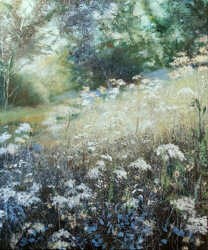 White Spring Meadow - Flowers Painting, Impressionism, Realism van Andrea Jacobi, Schilderij te koop op Singulart