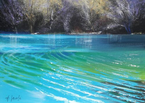 Turquoise Lake - Landscape, Impressionism, Realism van Andrea Jacobi, Schilderij te koop op Singulart