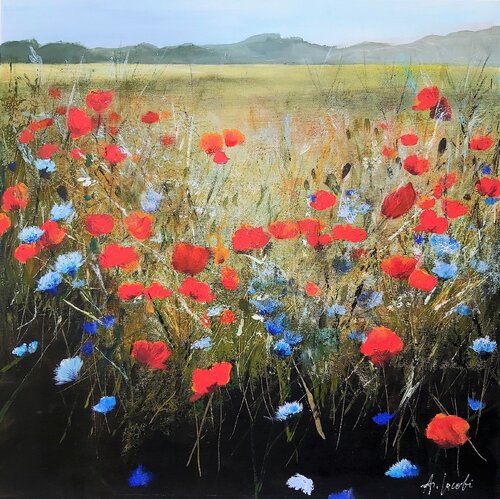 Poppies - Flowers Painting, Landscape, Impressionism, Realism von Andrea Jacobi, Malerei kaufen auf Singulart