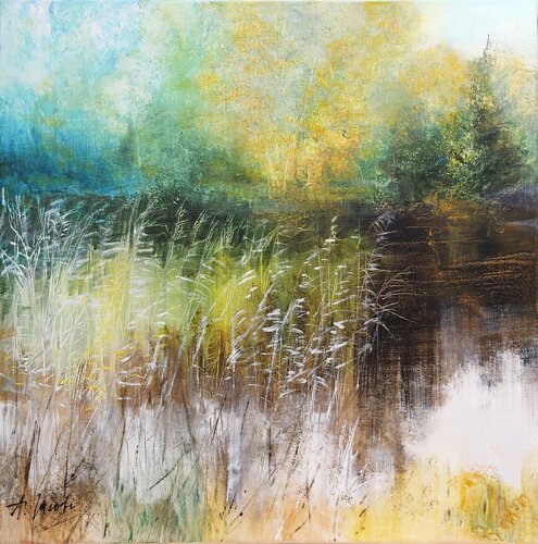 Pond with Trees - Landscape, Impressionism, Realism von Andrea Jacobi, Malerei kaufen auf Singulart