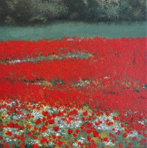 Poppies at the Edge of the Forest 2 - Landscape, Flowers Painting, Impressionism, Realism von Andrea Jacobi, Malerei kaufen auf Singulart