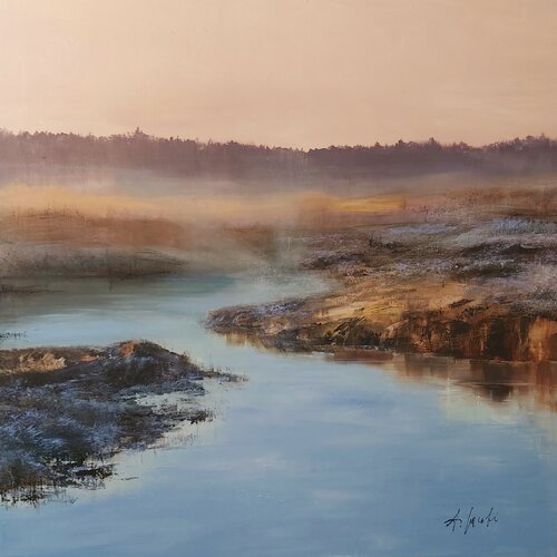 Evening Haze over the Lake - Landscape, Impressionism, Realism by Andrea Jacobi, Painting for Sale on Singulart