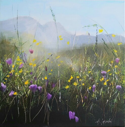 Blooming in the Morning 1 - Landscape, Flowers Painting, Impressionism, Realism von Andrea Jacobi, Malerei kaufen auf Singulart