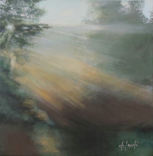 Morning Fog - Landscape Painting. Forest. Impressionism. Figurative. von Andrea Jacobi, Malerei kaufen auf Singulart