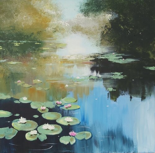 At the Water Lily Pond - Landscape, Impressionism, Realism von Andrea Jacobi, Malerei kaufen auf Singulart