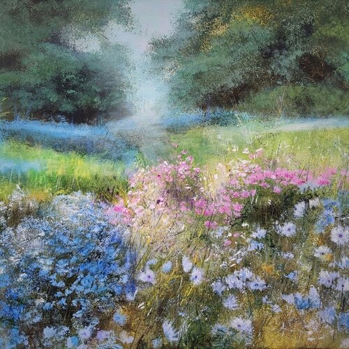 Blooming in the Morning 2 - Landscape, Flowers Painting, Impressionism, Realism van Andrea Jacobi, Schilderij te koop op Singulart