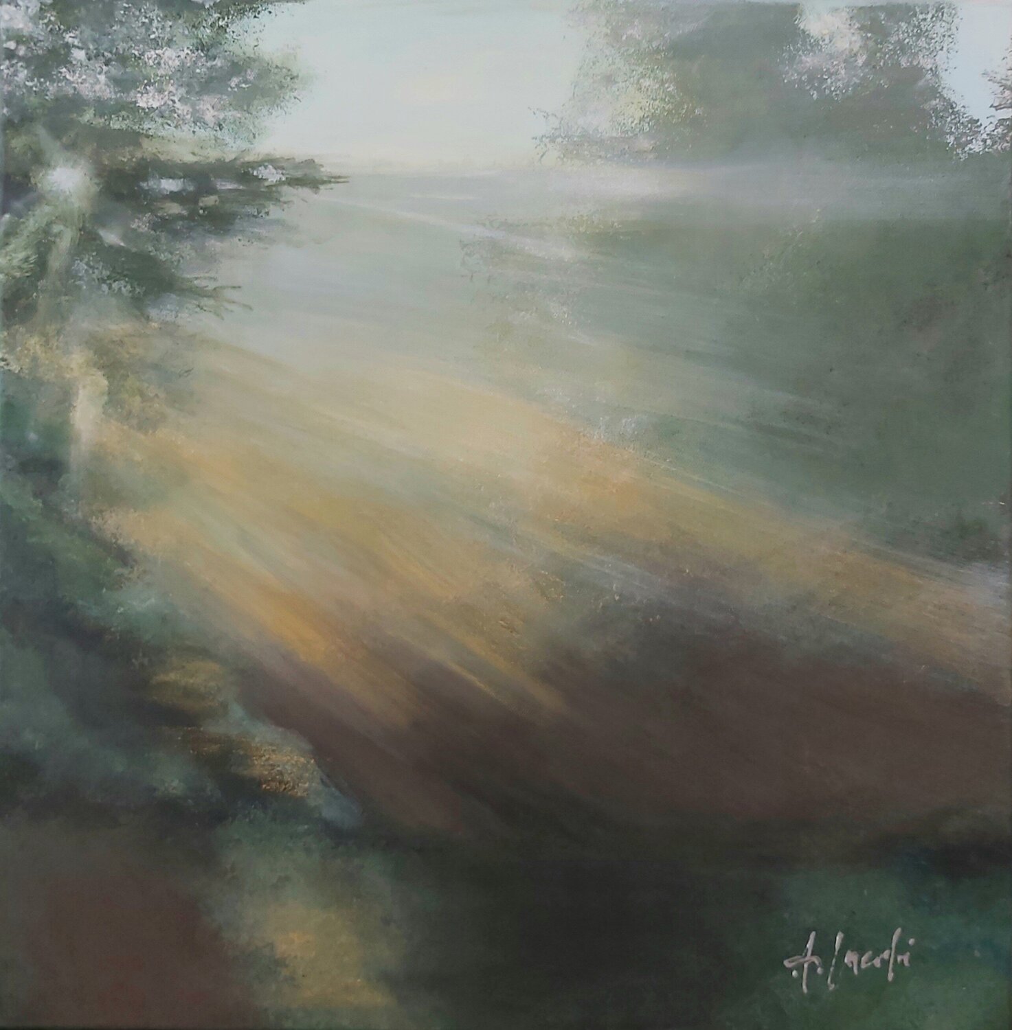 Morning Fog - Landscape Painting. Forest. Impressionism. Figurative. Andrea Jacobi Originalgemälde zu verkaufen