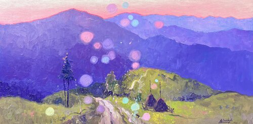 A quiet pink evening in the Carpathians by Andrii Kovalyk, Painting for Sale on Singulart