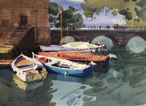 Morning on Lake Garda in Italy di Andrii Kovalyk, Pittura in vendita su Singulart
