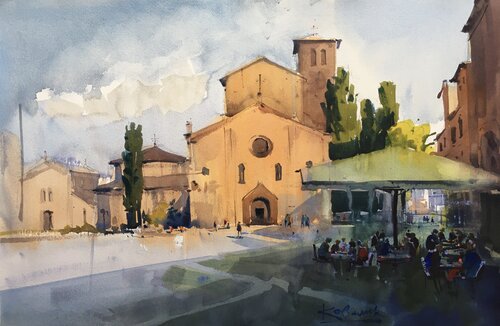 St. Stephen's Square and Church in the Italian city of Bologna von Andrii Kovalyk, Malerei kaufen auf Singulart
