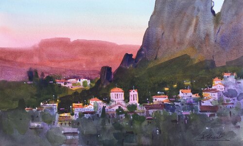 A beautiful morning at the foot of Meteora in Greece von Andrii Kovalyk, Malerei kaufen auf Singulart