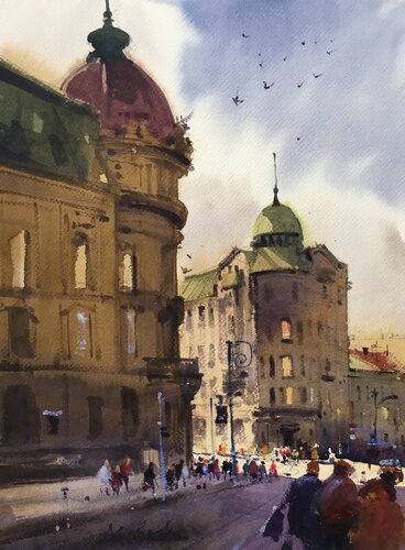 A sunny day in the city of Lviv in Ukraine van Andrii Kovalyk, Schilderij te koop op Singulart