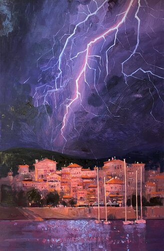An unforgettable evening during a thunderstorm in Greece di Andrii Kovalyk, Pittura in vendita su Singulart
