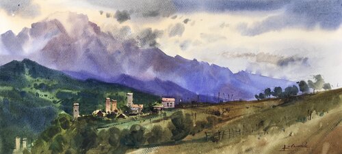 Blue mountains of Georgia in the city of Mestia van Andrii Kovalyk, Schilderij te koop op Singulart
