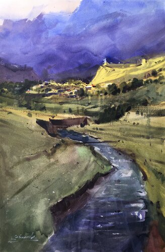 In the mountains of Kazbegi in Georgia van Andrii Kovalyk, Schilderij te koop op Singulart