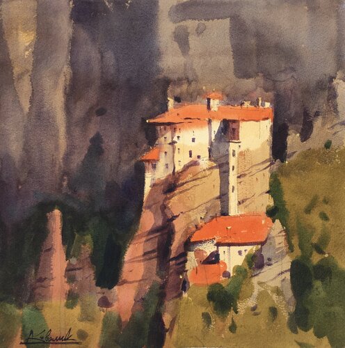 View of the monastery in Meteora in Greece von Andrii Kovalyk, Malerei kaufen auf Singulart