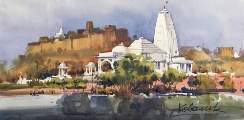 A view of the white temple in the ancient city of Jaipur in India par Andrii Kovalyk, Peinture en vente sur Singulart