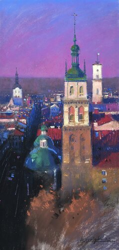 Ancient architecture of the city of Lviv in Ukraine di Andrii Kovalyk, Pittura in vendita su Singulart